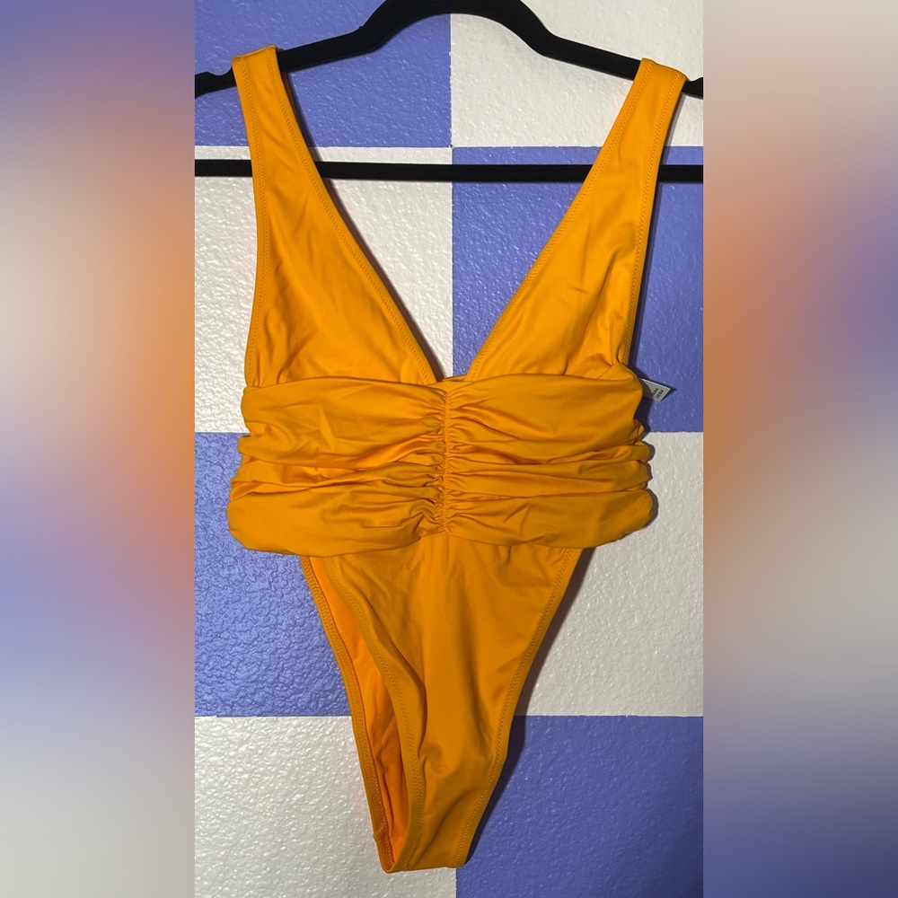 NWT Aerie Deep Plunge Ruched Cheeky One Piece in Simply Orange - Size XS